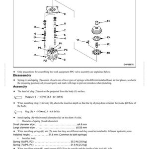 K&ouml;nnte beinhalten: Diagramm einer PPC-Ventilanordnung f&uuml;r Arbeitsger&auml;te eines Hydrauliksystems, mit beschrifteten Teilen f&uuml;r Demontage und Montage. Enth&auml;lt Ma&szlig;e in cm und kg sowie Textanweisungen.