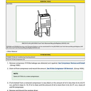 May include: Diagram of an R134a compressor oil charge check procedure. The image includes a diagram of a Cool-Tech Remove/Recycle/Replace unit, along with instructions for oil draining and flushing the system. The text includes measurements in fluid ounces.