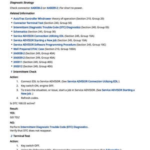 K&ouml;nnte beinhalten: Eine Seite aus einem Handbuch mit dem Titel &bdquo;ACI 168.03 &ndash; Ungeschaltete Hochspannung&ldquo;. Der Text beschreibt Diagnosestrategien, zugeh&ouml;rige Informationen sowie intermittierende und Terminaltests. Enth&auml;lt Steckermodelle und Aktionen.