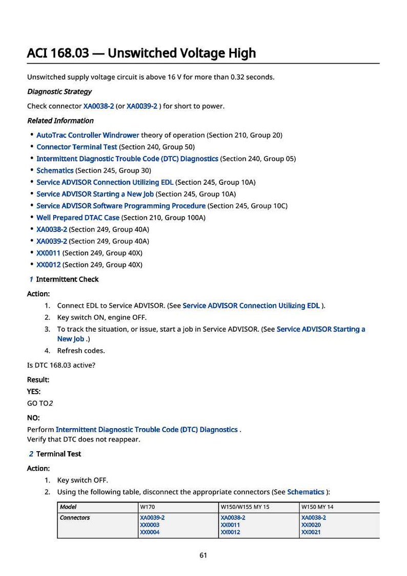 K&ouml;nnte beinhalten: Eine Seite aus einem Handbuch mit dem Titel &bdquo;ACI 168.03 &ndash; Ungeschaltete Hochspannung&ldquo;. Der Text beschreibt Diagnosestrategien, zugeh&ouml;rige Informationen sowie intermittierende und Terminaltests. Enth&auml;lt Steckermodelle und Aktionen.