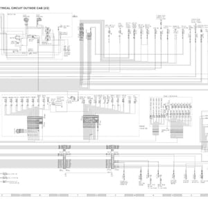 K&ouml;nnte beinhalten: Schaltplan f&uuml;r den Stromkreis au&szlig;erhalb der Kabine (2/2). Eine detaillierte schematische Darstellung eines Stromkreises mit zahlreichen Linien, Symbolen und Komponenten. Das Diagramm ist in Schwarzwei&szlig; gehalten und enth&auml;lt Textbeschriftungen.