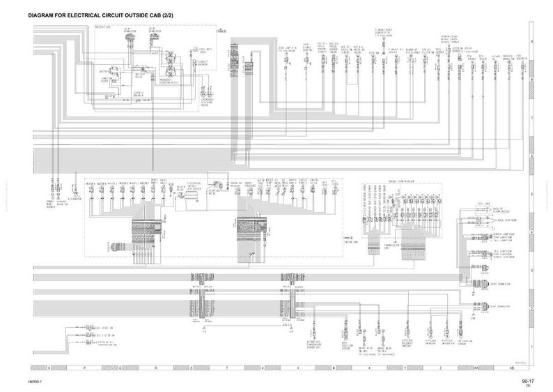 K&ouml;nnte beinhalten: Schaltplan f&uuml;r den Stromkreis au&szlig;erhalb der Kabine (2/2). Eine detaillierte schematische Darstellung eines Stromkreises mit zahlreichen Linien, Symbolen und Komponenten. Das Diagramm ist in Schwarzwei&szlig; gehalten und enth&auml;lt Textbeschriftungen.