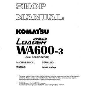K&ouml;nnte beinhalten: Ein wei&szlig;es Werkstatthandbuch mit dem Text "SHOP MANUAL" oben. Das Komatsu-Logo und "LOADER WA600-3" sind prominent dargestellt. Das Handbuch enth&auml;lt Spezifikationen und Details zum Maschinenmodell.
