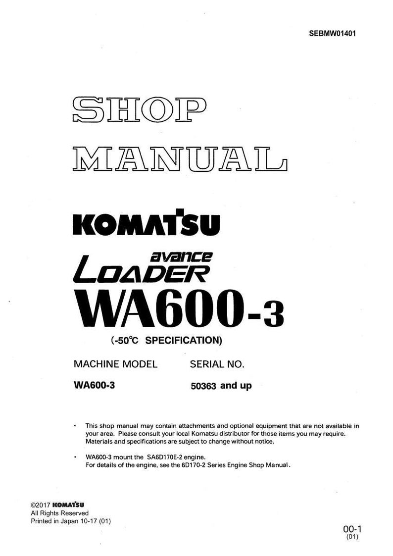 K&ouml;nnte beinhalten: Ein wei&szlig;es Werkstatthandbuch mit dem Text "SHOP MANUAL" oben. Das Komatsu-Logo und "LOADER WA600-3" sind prominent dargestellt. Das Handbuch enth&auml;lt Spezifikationen und Details zum Maschinenmodell.