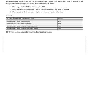 Pu&ograve; includere: Documento bianco con testo nero che descrive "AIC 016-CommandQuad Shifter Inputs Status". Include istruzioni, una tabella con posizioni del cambio e codici corrispondenti. Il testo &egrave; chiaro e facile da leggere.