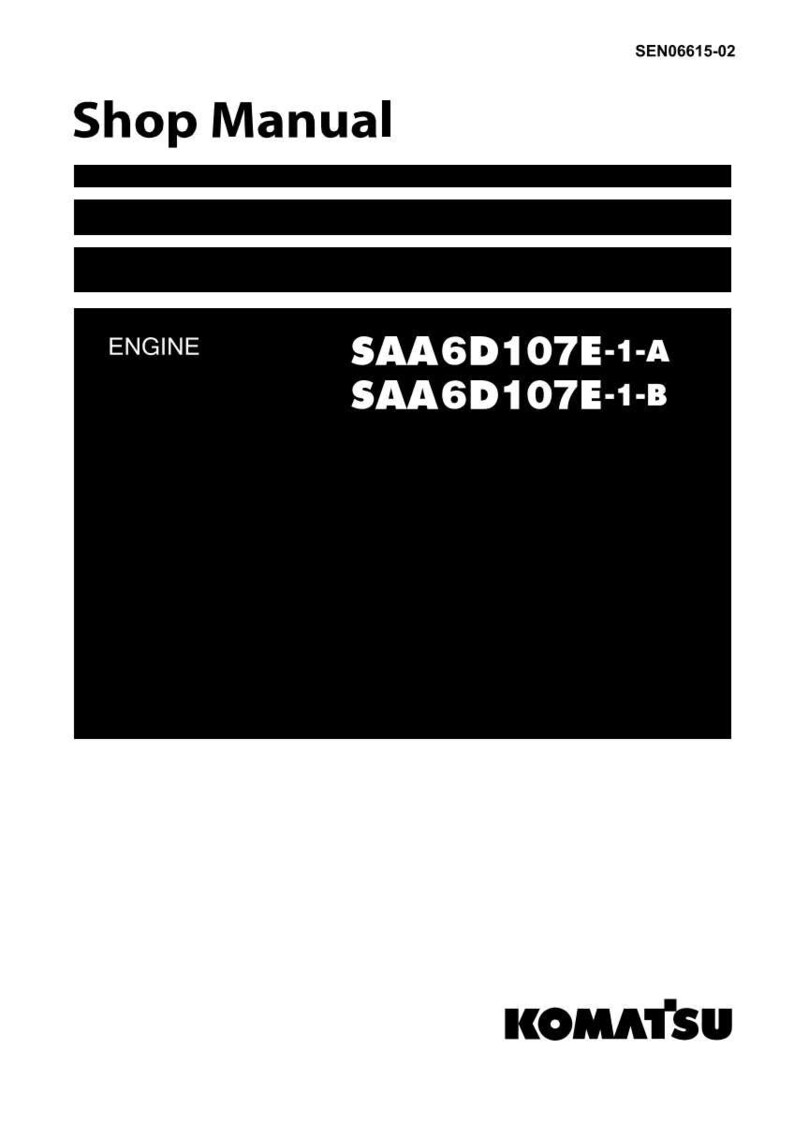 May include: A white and black shop manual with the text "Shop Manual" at the top. The manual includes the text "ENGINE" and engine model numbers "SAA6D107E-1-A" and "SAA6D107E-1-B". The Komatsu logo is at the bottom.
