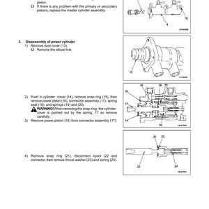 May include: Diagram of a power master cylinder assembly with labeled parts. The image includes detailed illustrations of disassembly steps, including removing springs, pistons, and covers. Text instructions accompany each step.