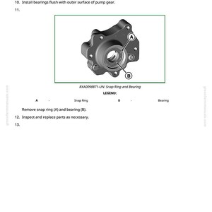 Puede incluir: Diagrama de un componente mec&aacute;nico, etiquetado con las letras A y B, y el texto "RXA0098871-UN: Snap Ring and Bearing." El diagrama es parte de un manual con instrucciones para quitar e instalar rodamientos.