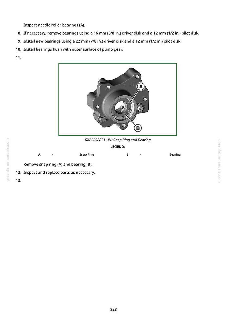 Puede incluir: Diagrama de un componente mec&aacute;nico, etiquetado con las letras A y B, y el texto "RXA0098871-UN: Snap Ring and Bearing." El diagrama es parte de un manual con instrucciones para quitar e instalar rodamientos.
