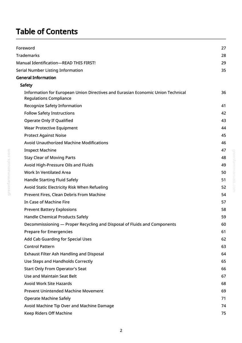 May include: A white page with a black Table of Contents. The text includes safety guidelines, machine operation, and maintenance topics. Page numbers are listed on the right side.