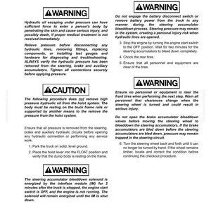 May include: A page from a manual detailing the hydraulic system bleeddown procedure. The page includes warnings, cautions, and numbered steps for safe operation, with text in black font on a white background.