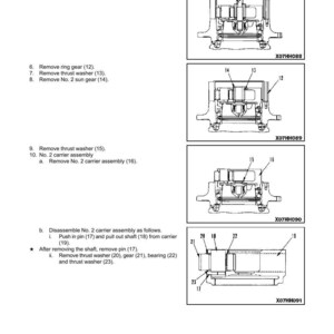 May include: Technical diagram showing the disassembly and assembly of a final drive mechanism. The diagram includes multiple illustrations with labels and part numbers, such as sun gear shafts, ring gears, and thrust washers. The text provides step-by-step instructions.