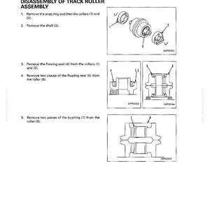 Pu&ograve; includere: Diagramma tecnico che illustra lo smontaggio di un gruppo rullo cingolato. Le istruzioni descrivono la rimozione di componenti come anelli elastici, collari, alberi, guarnizioni e boccole. L'immagine &egrave; un'illustrazione tecnica.