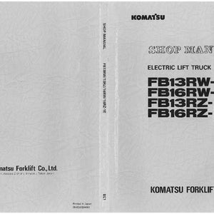 Op de afbeelding: Een werkplaatshandboek voor een elektrische heftruck, met het Komatsu-logo. De cover toont de tekst "SHOP MANUAL" en modelnummers FB13RW-1E, FB16RW-1E, FB13RZ-1E en FB16RZ-1E. Gedrukt in Japan.
