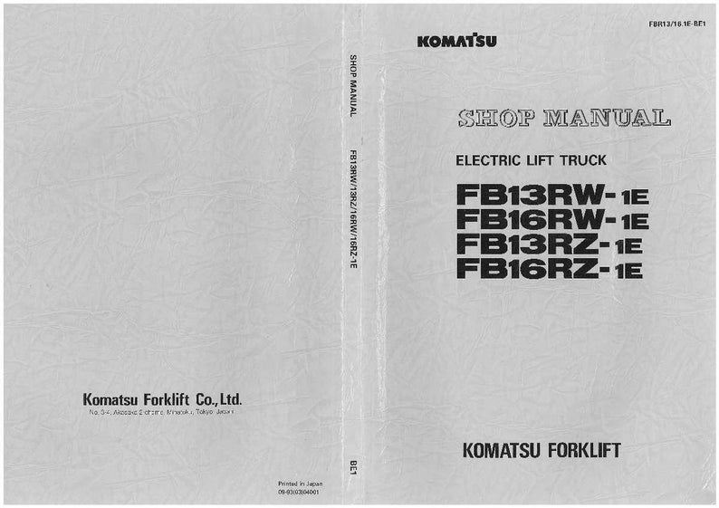 Op de afbeelding: Een werkplaatshandboek voor een elektrische heftruck, met het Komatsu-logo. De cover toont de tekst "SHOP MANUAL" en modelnummers FB13RW-1E, FB16RW-1E, FB13RZ-1E en FB16RZ-1E. Gedrukt in Japan.