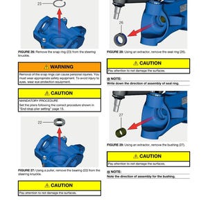 May include: A page from an axle service manual showing disassembly instructions. The manual includes diagrams of blue automotive parts, arrows, and text instructions. Warnings and cautions are highlighted in yellow boxes.