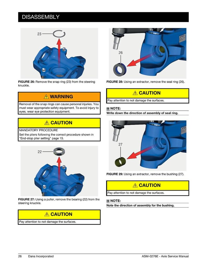 May include: A page from an axle service manual showing disassembly instructions. The manual includes diagrams of blue automotive parts, arrows, and text instructions. Warnings and cautions are highlighted in yellow boxes.