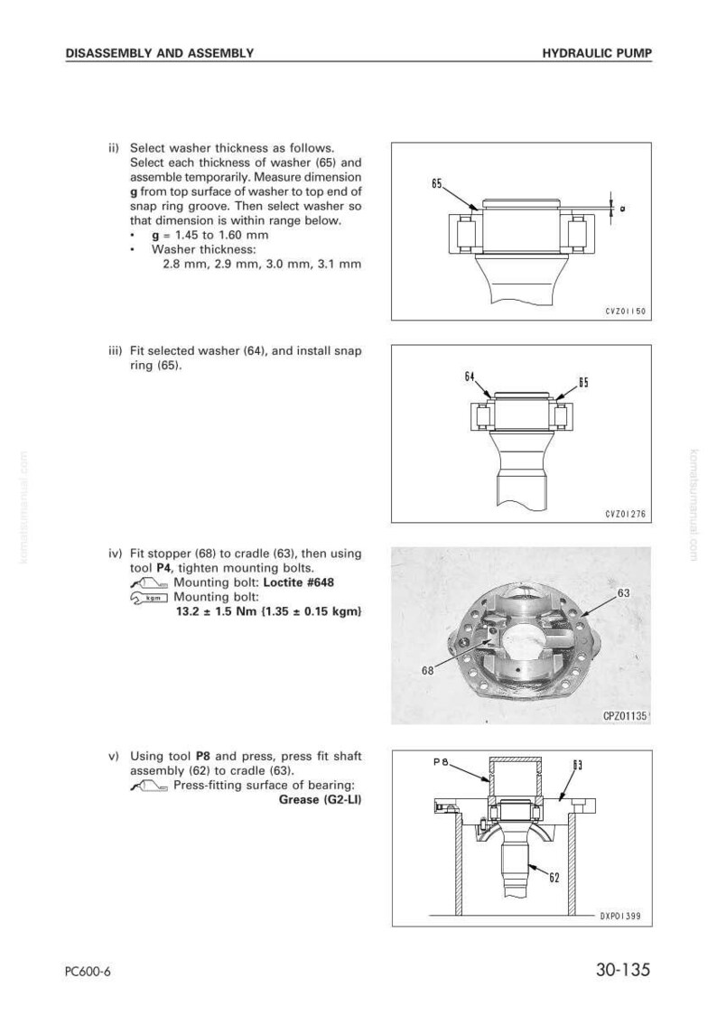 K&ouml;nnte beinhalten: Diagramm mit Anweisungen zur Demontage und Montage einer Hydraulikpumpe. Enth&auml;lt Abbildungen von Unterlegscheiben, Sprengringen, Stoppern, Wiegen und Befestigungsschrauben. Textdetails zu Messungen in mm und Nm.