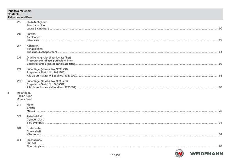 May include: A page from a manual with a table of contents in German, English, and French. The table lists engine components such as fuel transmitters, air filters, exhaust pipes, and propellers. The Weidemann logo is at the bottom.