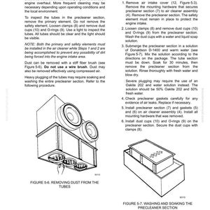 K&ouml;nnte beinhalten: Diagramme zur Reinigung des Vorfilterabschnitts f&uuml;r Luftfilter. Abbildung 5-6 zeigt das Entfernen von Staub aus den Rohren, und Abbildung 5-7 zeigt das Waschen und Einweichen des Vorfilterabschnitts. Der Text enth&auml;lt detaillierte Anweisungen.