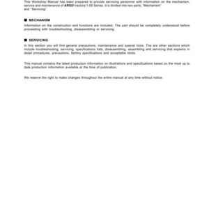 May include: A white manual page with black text. The title "TO THE READER" is at the top. The text describes the manual's purpose, covering ARGO tractors 1-55 Series, divided into "Mechanism" and "Servicing" sections.
