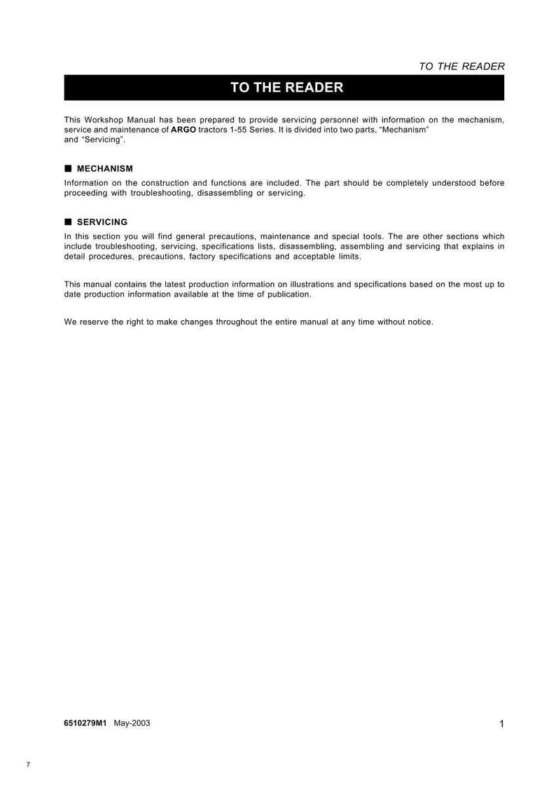 May include: A white manual page with black text. The title "TO THE READER" is at the top. The text describes the manual's purpose, covering ARGO tractors 1-55 Series, divided into "Mechanism" and "Servicing" sections.