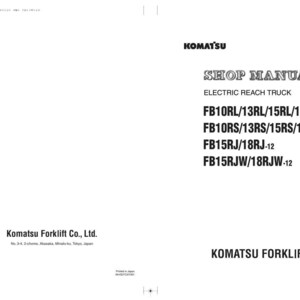 以下が含まれることがあります： コマツのロゴとモデル番号が記載された、電動リーチトラックの白いショップマニュアル。マニュアルには「SHOP MANUAL」と「ELECTRIC REACH TRUCK」の文字が含まれています。コマツフォークリフト株式会社のロゴも表示されています。
