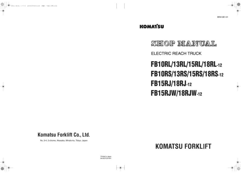 以下が含まれることがあります： コマツのロゴとモデル番号が記載された、電動リーチトラックの白いショップマニュアル。マニュアルには「SHOP MANUAL」と「ELECTRIC REACH TRUCK」の文字が含まれています。コマツフォークリフト株式会社のロゴも表示されています。