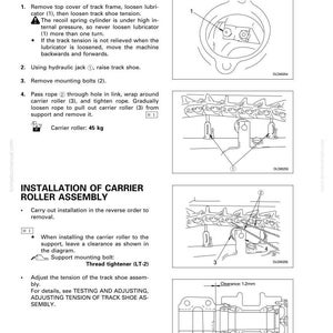 Pu&ograve; includere: Diagramma da un manuale che illustra la rimozione e l'installazione di un gruppo rulli portanti. Include illustrazioni del processo, con istruzioni testuali e misure in millimetri.