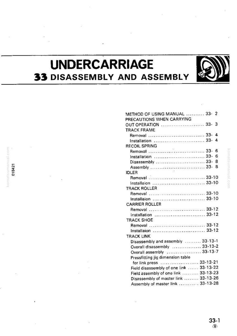 May include: A white and black manual page titled "UNDERCARRIAGE 33 DISASSEMBLY AND ASSEMBLY." The page contains a table of contents with various mechanical terms like "Removal," "Installation," and "Disassembly."