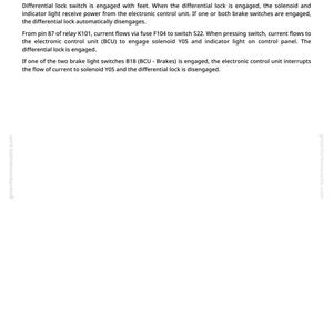 May include: A page from a manual titled "Theory of Operation" with text describing the function of a differential lock switch, fuses, and relays. The text is in black on a white background. The page includes the website address greenfarmmanuals.com and the number 556.