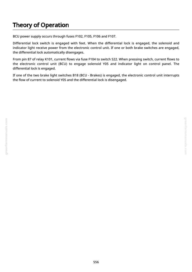 May include: A page from a manual titled "Theory of Operation" with text describing the function of a differential lock switch, fuses, and relays. The text is in black on a white background. The page includes the website address greenfarmmanuals.com and the number 556.