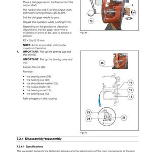 K&ouml;nnte beinhalten: Diagramm aus einem Handbuch, das die Demontage und den Zusammenbau eines Zapfwellensystems (PTO) zeigt. Enth&auml;lt detaillierte Abbildungen von Komponenten wie Lagerkonen, -schalen und der Abtriebswelle, mit Messungen in Millimetern.