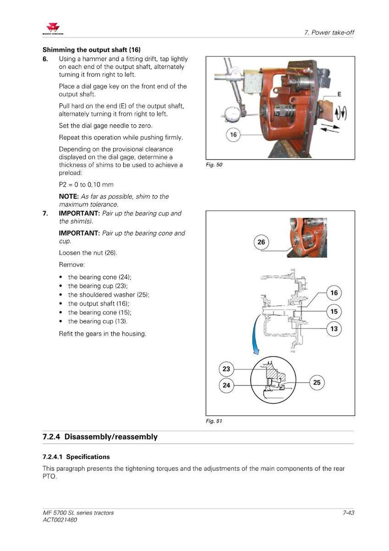 K&ouml;nnte beinhalten: Diagramm aus einem Handbuch, das die Demontage und den Zusammenbau eines Zapfwellensystems (PTO) zeigt. Enth&auml;lt detaillierte Abbildungen von Komponenten wie Lagerkonen, -schalen und der Abtriebswelle, mit Messungen in Millimetern.