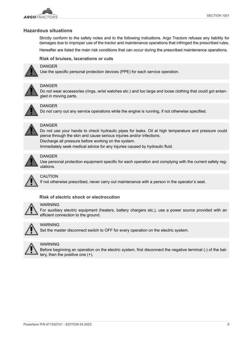 May include: A safety manual page from Argo Tractors, detailing hazardous situations and safety warnings. The page includes warnings about bruises, cuts, electric shock, and other potential dangers, with specific instructions and precautions.