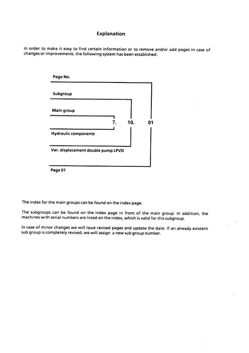 May include: A white document with black text explaining a system for finding information. The document includes a diagram with labels such as "Page No.", "Subgroup", and "Main group". The text describes the index and subgroups.