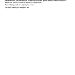 Op de afbeelding: Wit document met de titel "Stepper Functional Test", met een beschrijving van een testprocedure voor een stappenmotor. De tekst legt de werking van de test uit, inclusief cycli en gashendel.