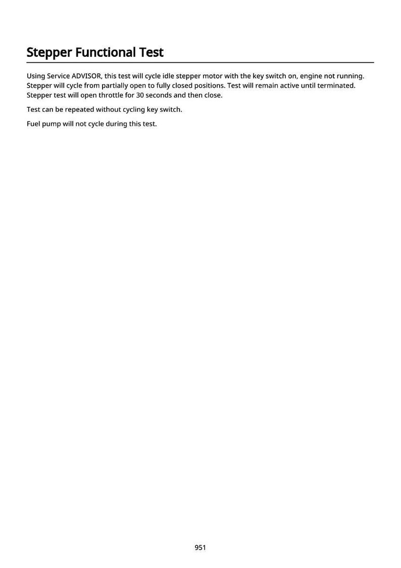 Op de afbeelding: Wit document met de titel "Stepper Functional Test", met een beschrijving van een testprocedure voor een stappenmotor. De tekst legt de werking van de test uit, inclusief cycli en gashendel.