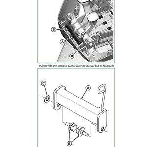 Op de afbeelding: Diagram van mechanische componenten, waaronder een Selective Control Valve (SCV) Lever Lock. De afbeelding toont gedetailleerde weergaven van onderdelen met de labels A, B en C, met bijbehorende tekst. Het diagram is in zwart-wit.