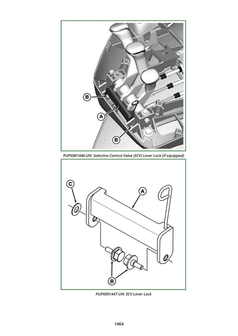 Op de afbeelding: Diagram van mechanische componenten, waaronder een Selective Control Valve (SCV) Lever Lock. De afbeelding toont gedetailleerde weergaven van onderdelen met de labels A, B en C, met bijbehorende tekst. Het diagram is in zwart-wit.