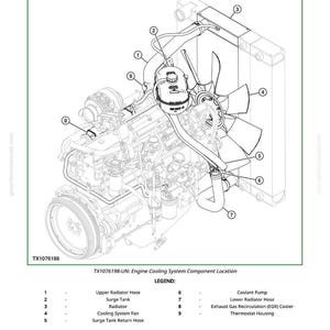 May include: Diagram of an engine cooling system component location. The image includes a detailed illustration of an engine with labeled parts such as the radiator, surge tank, and hoses. Text at the top reads "Engine Cooling System Component Location."