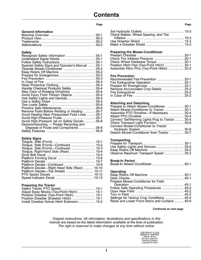 May include: A detailed table of contents from a manual, listing safety information, operating procedures, and technical specifications. The document includes page numbers and section titles for easy navigation.
