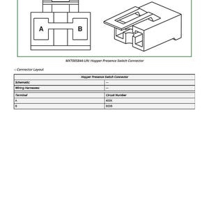 May include: Diagram of a Hopper Presence Switch Connector, with two views: a schematic and an isometric projection. The schematic shows terminals A and B. The text includes "MXT005844-UN: Hopper Presence Switch Connector" and a table with circuit numbers.