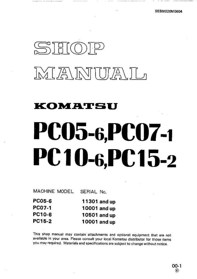 May include: A white shop manual with black text. The cover reads "SHOP MANUAL" above "KOMATSU" and model numbers PC05-6, PC07-1, PC10-6, and PC15-2. The manual includes machine model and serial number information.