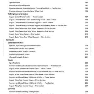 May include: A white page with a detailed table of contents for a manual. The headings include Wheels, Hydraulics, and Valves. The text lists various repair and installation procedures, with page numbers.