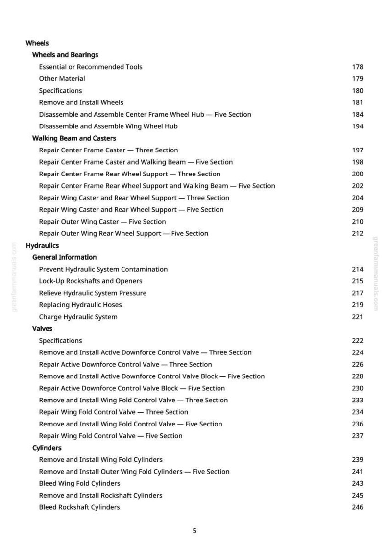 May include: A white page with a detailed table of contents for a manual. The headings include Wheels, Hydraulics, and Valves. The text lists various repair and installation procedures, with page numbers.