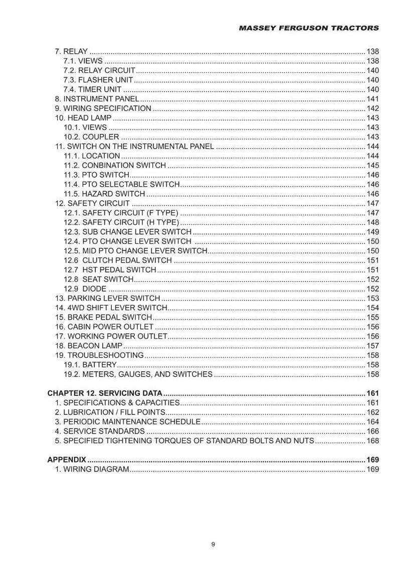 May include: A page from a Massey Ferguson Tractors manual, featuring a detailed table of contents. The text is black on a white background, with section titles and page numbers clearly listed. The manual covers topics like relays, wiring, and servicing data.