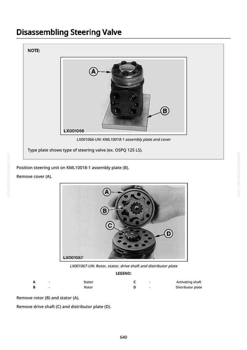 May include: Diagram of a steering valve disassembly, with labels A, B, C, and D pointing to different parts. The image includes text describing the process and part names like rotor and stator.