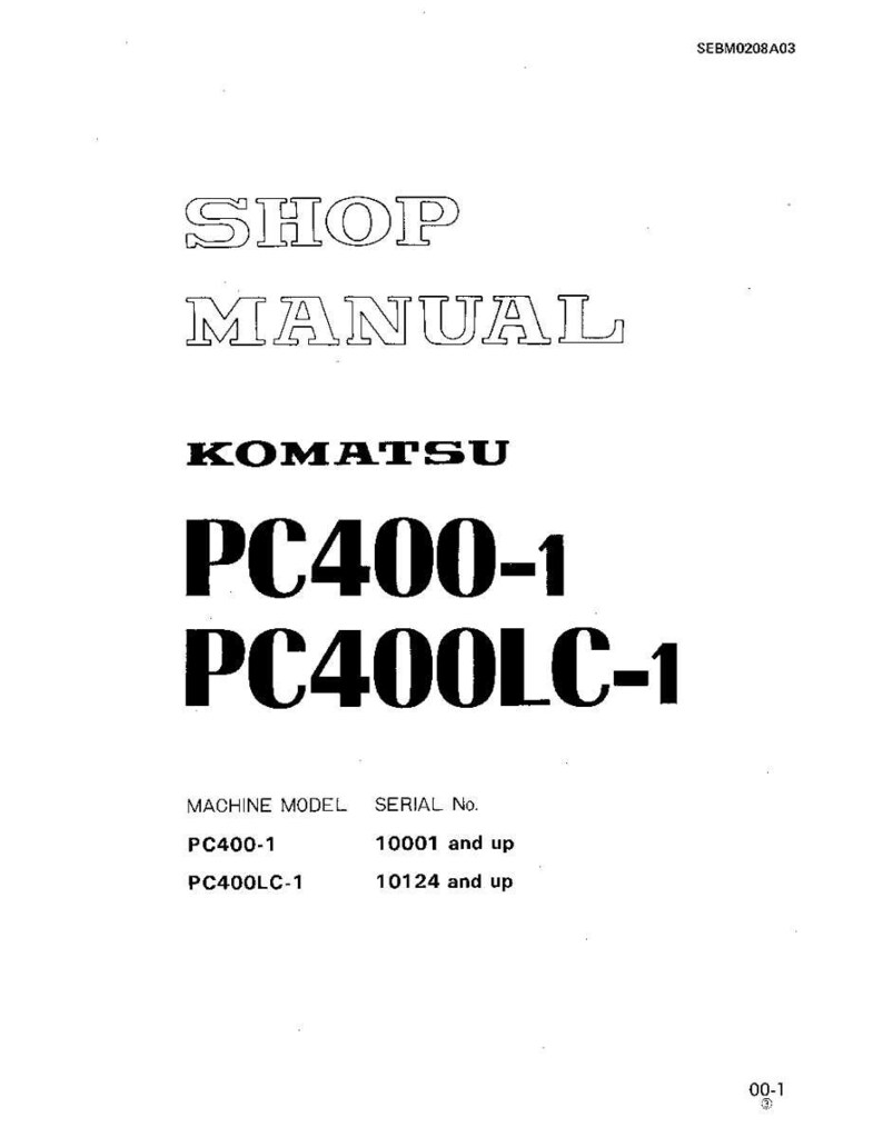 K&ouml;nnte beinhalten: Ein wei&szlig;es Shop-Handbuch f&uuml;r Komatsu PC400-1 und PC400LC-1 Maschinen. Das Cover zeigt den Text "SHOP MANUAL" in fetter, umrandeter Schrift, zusammen mit dem Komatsu-Logo und den Modellnummern. Enth&auml;lt Seriennummerninformationen.