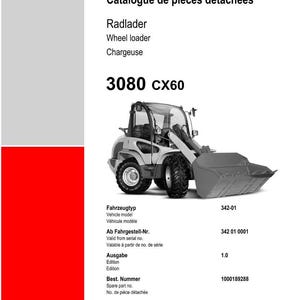 May include: Spare parts list for a wheel loader, featuring the model 3080 CX60. The image includes the vehicle's model, serial number, and edition details. The Weidemann logo is at the bottom.